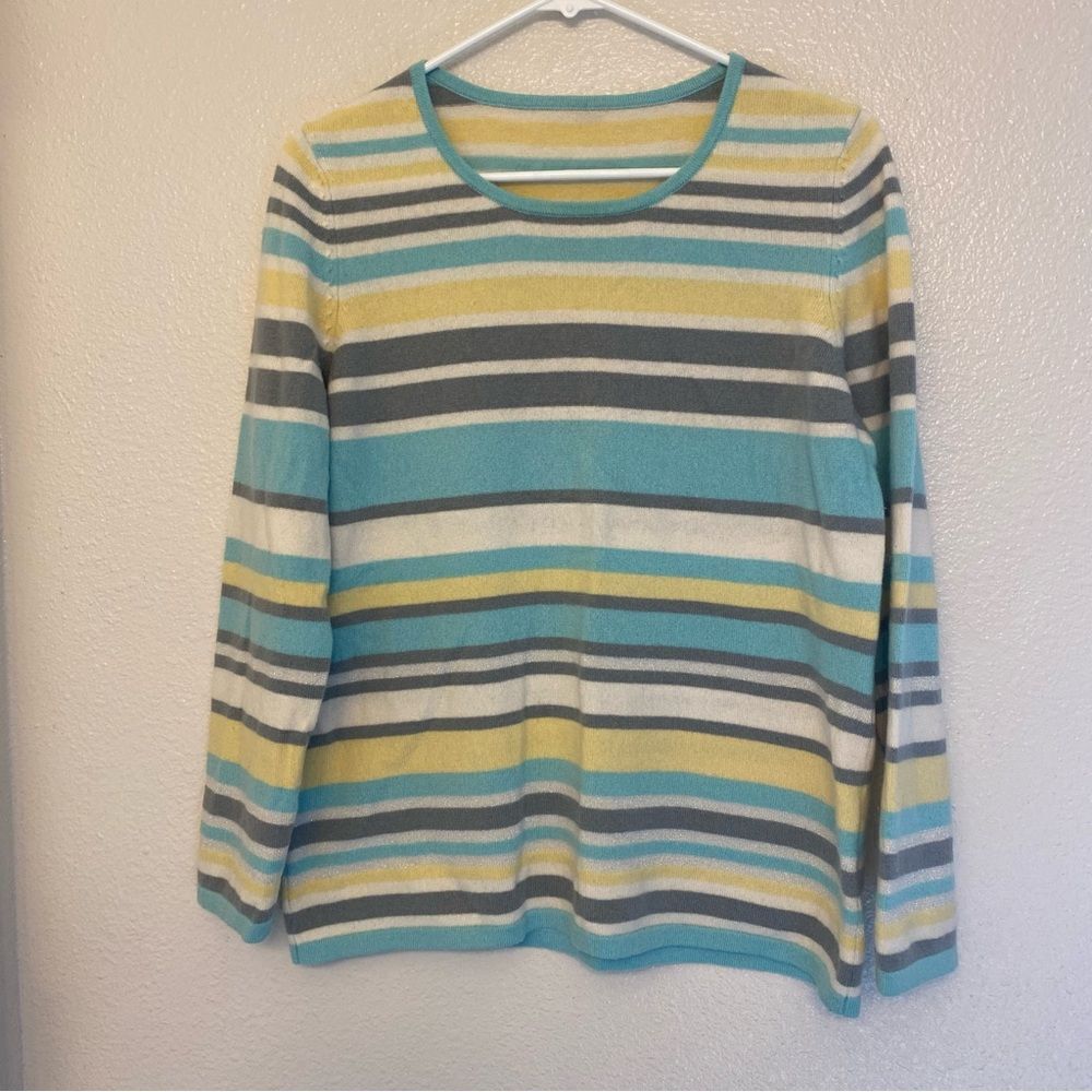 Peter Hahn cashmere crewneck pastel blue yellow gray  metallic stripe sweater L